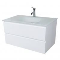 modern glass basin wall mounted bathroom vanity white high glossy painting cabinet two drawers soft closing slider 90cm 35.5in.